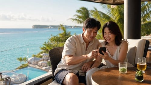 NOL 할인쿠폰 7월로 괌 리조트 예약을 확인하는 중년 부부