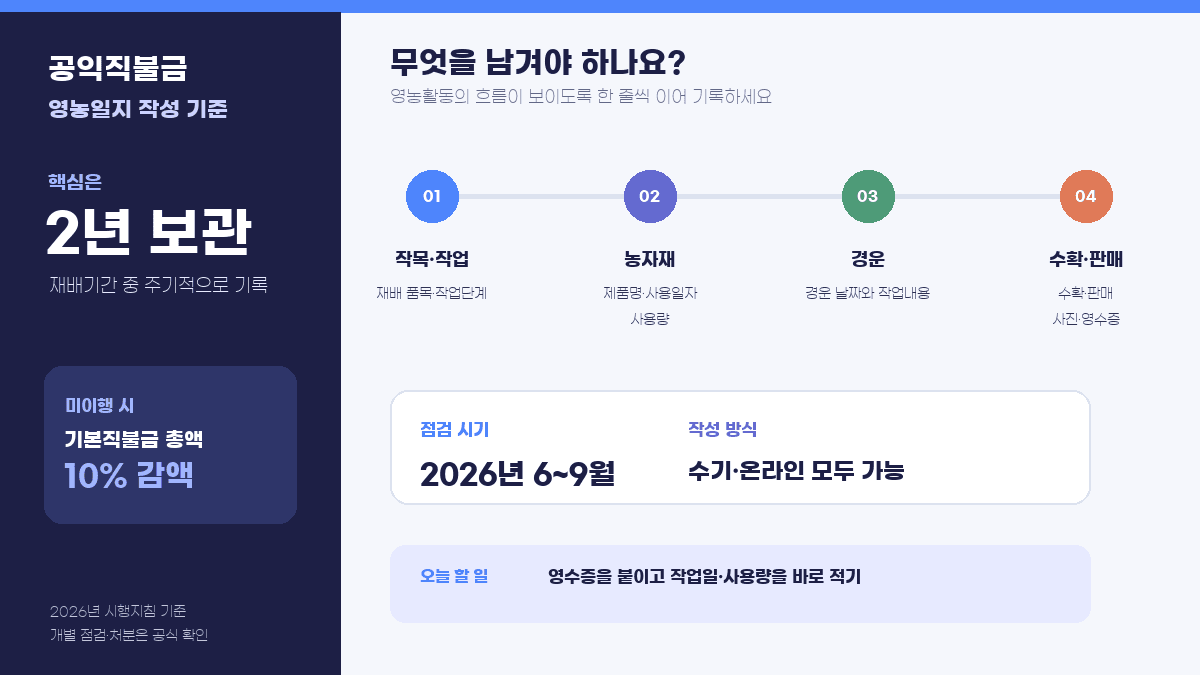 영농일지 작성 항목과 2년 보관 및 10% 감액 기준 인포그래픽