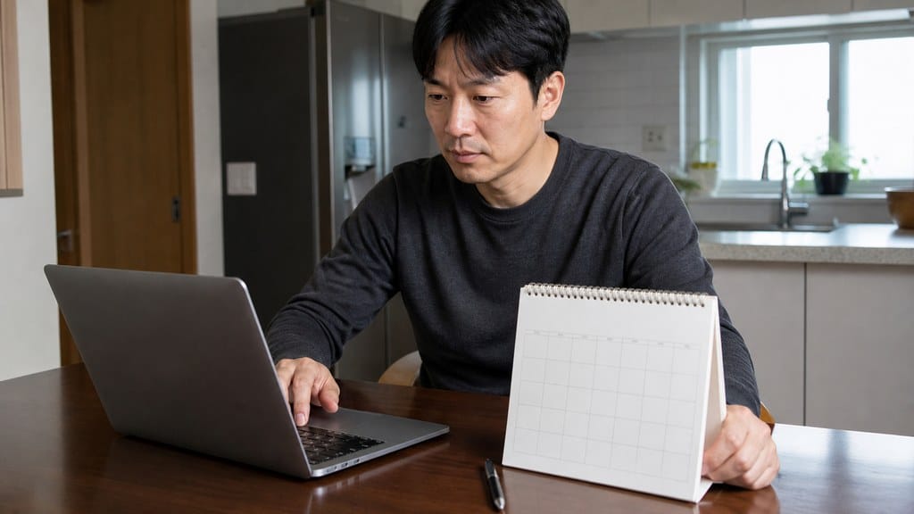 근로장려금 지급액 차이를 확인하려고 노트북과 달력을 대조하는 한국인 신청자 장면