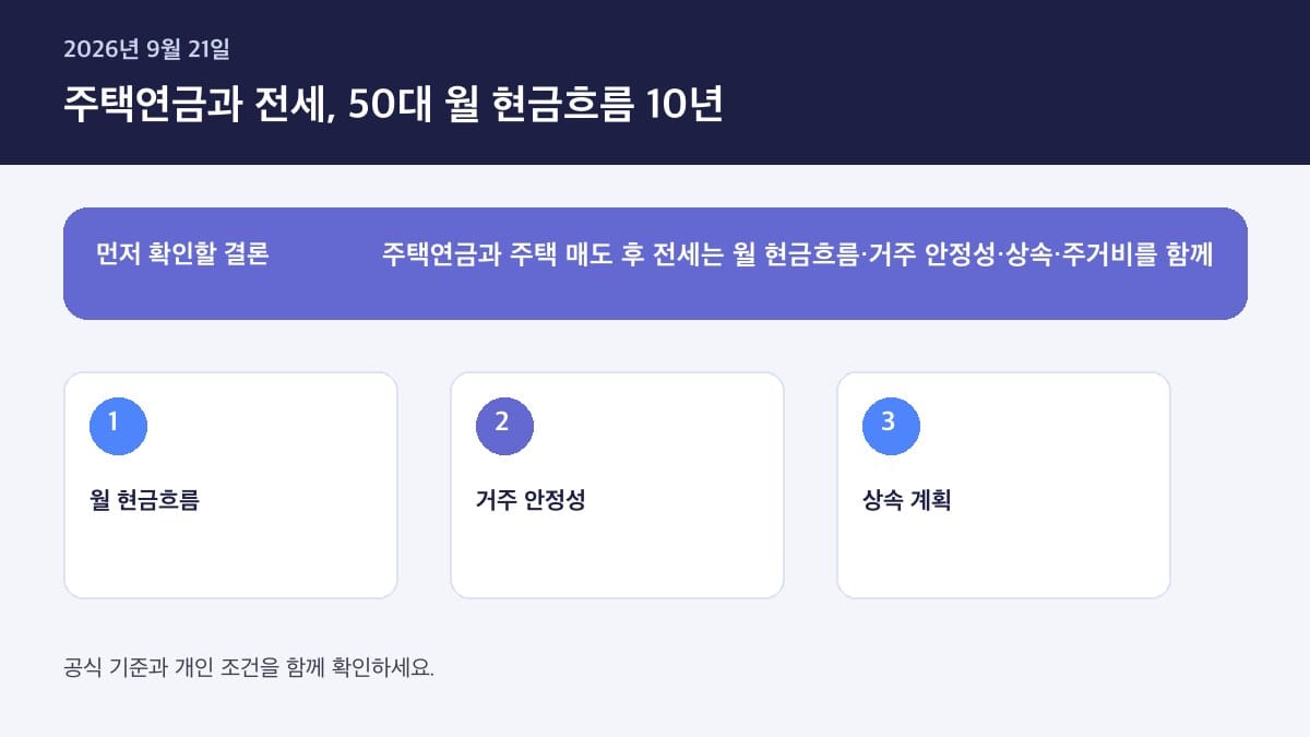 주택연금 vs 그냥 팔고 전세 살기 50대 현실적 비교 2026 — 핵심 판단 기준을 정리한 인포그래픽