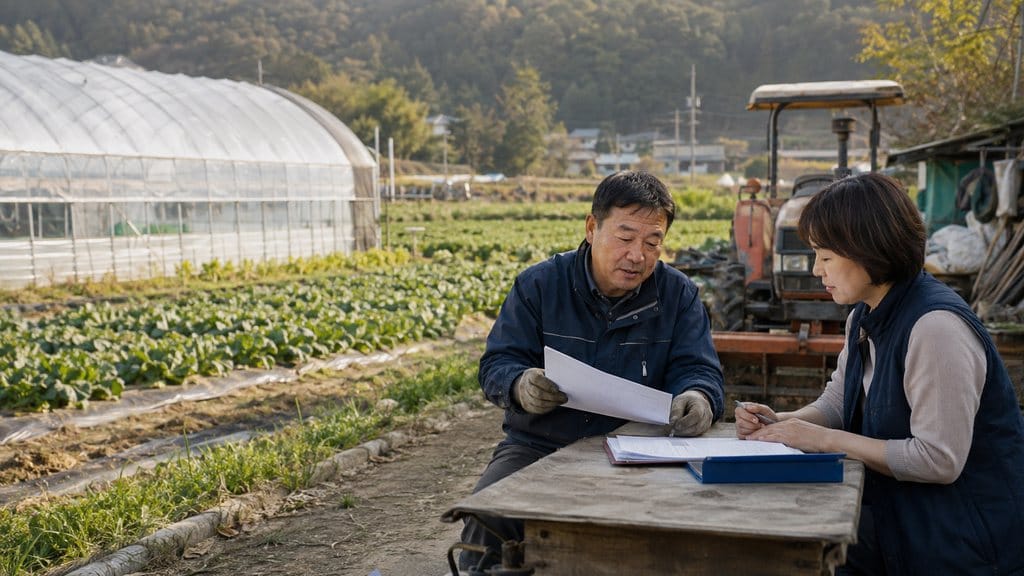 농업인 정책자금과 재해안전망을 확인하기 위해 가족과 함께 농장 기록과 지원 체크리스트를 살펴보는 농업인