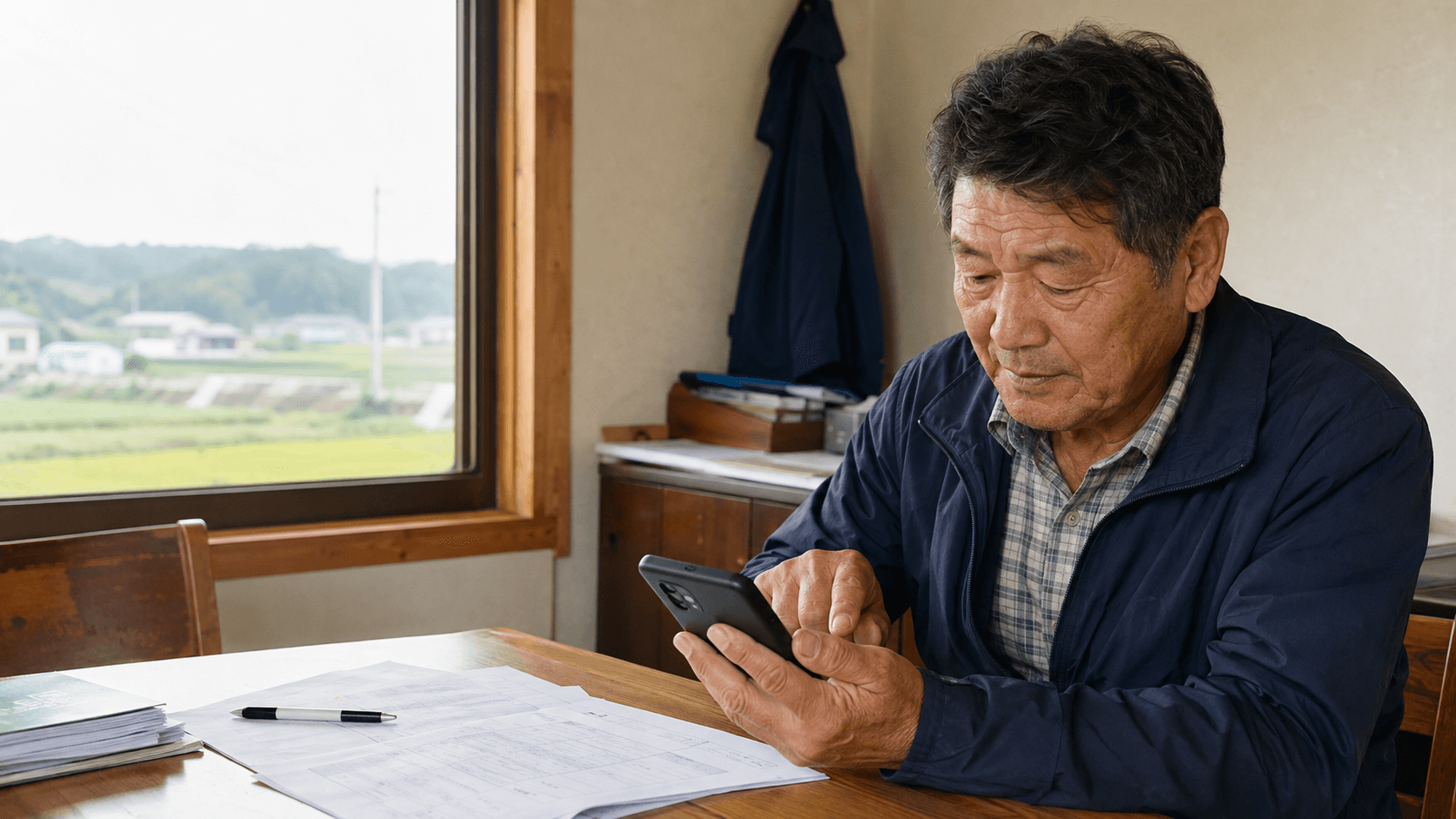 공익직불금 농업경영체 등록 확인 정보를 스마트폰과 농지 서류로 대조하는 고령 농업인