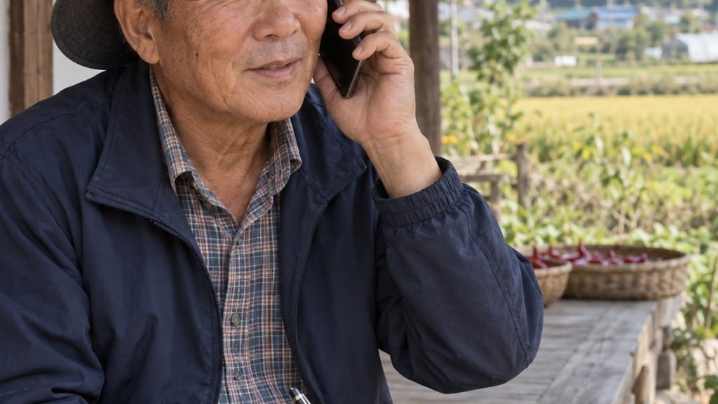 공익직불금 70세 이상 자동전화교육을 확인하려고 농가 현관에서 휴대전화를 듣고 있는 고령 농업인 사진