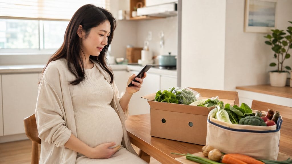 임산부 친환경농산물 꾸러미 배송과 공식 신청을 스마트폰으로 살펴보는 실제 생활 장면