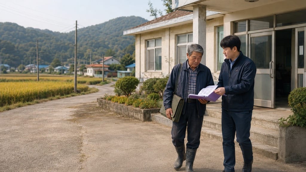 공익직불금 마을회관 신청 도움을 받은 뒤 접수 자료를 확인하는 농촌 어르신과 안내자