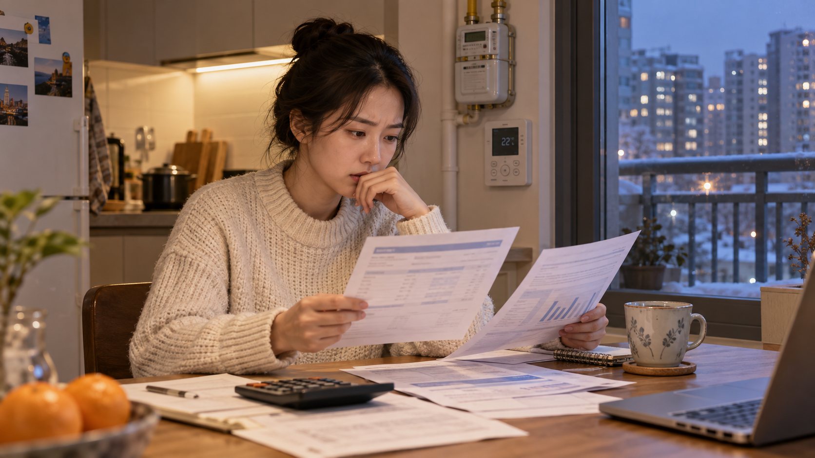 에너지바우처 관리비 차감 아파트 거주자가 관리비 고지서와 난방 사용내역을 확인하는 AI 생성 장면