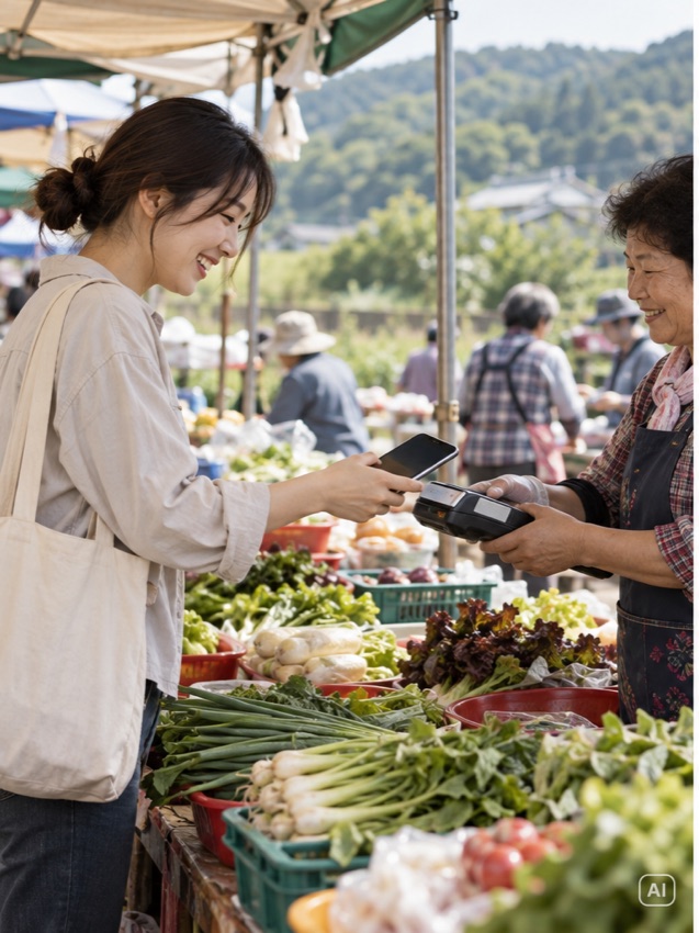 농촌 전통시장에서 비수도권 상생소비복권 2배 가맹점 위치를 확인하는 사진, AI 생성 장면