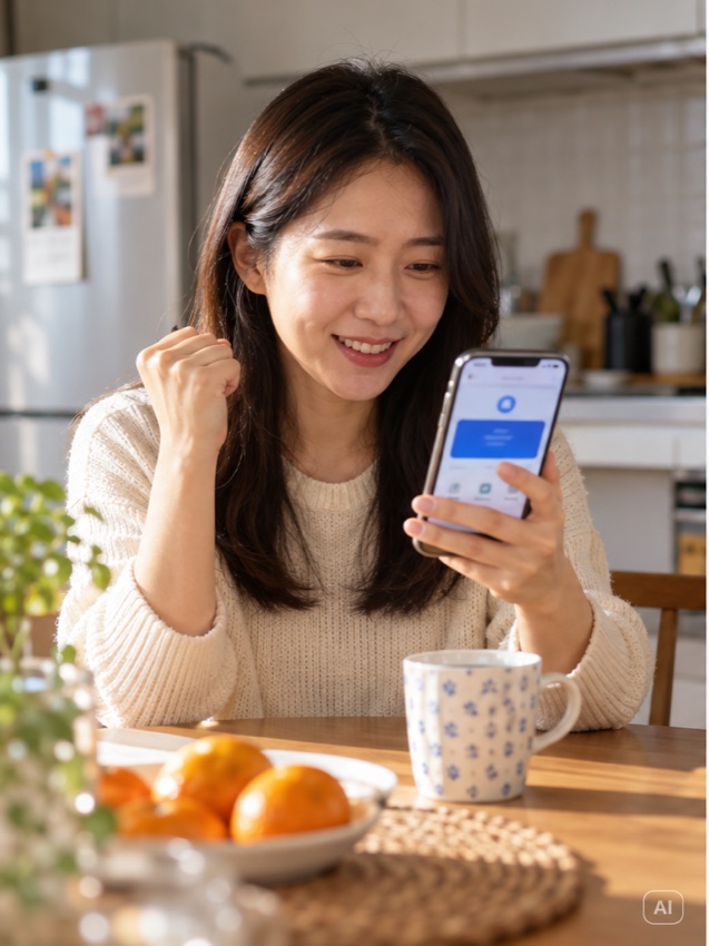 휴대전화 알림을 확인하는 상생소비복권 당첨자 발표 사진, AI 생성 장면