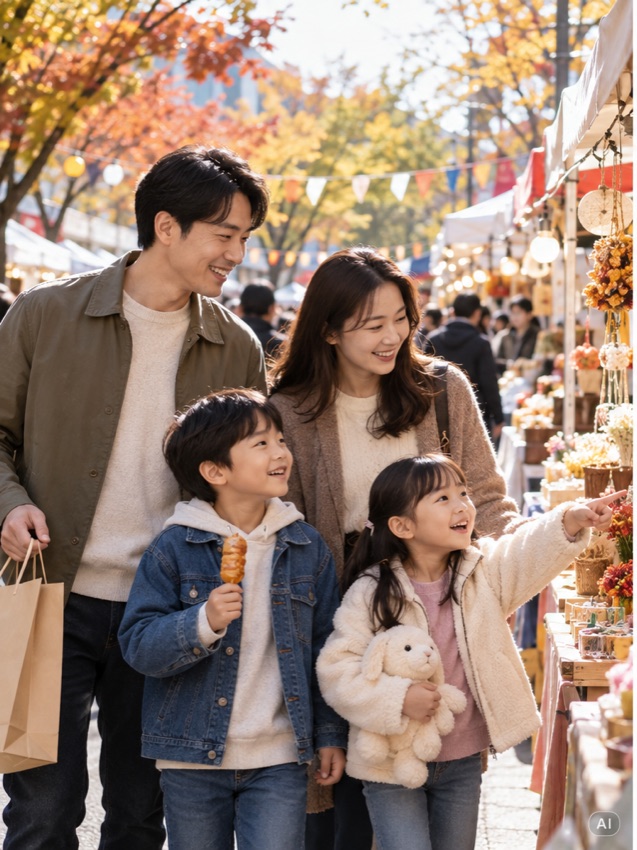 가을 지역 축제를 가족과 둘러보는 코리아 그랜드 페스티벌 상생소비복권 사진, AI 생성 장면