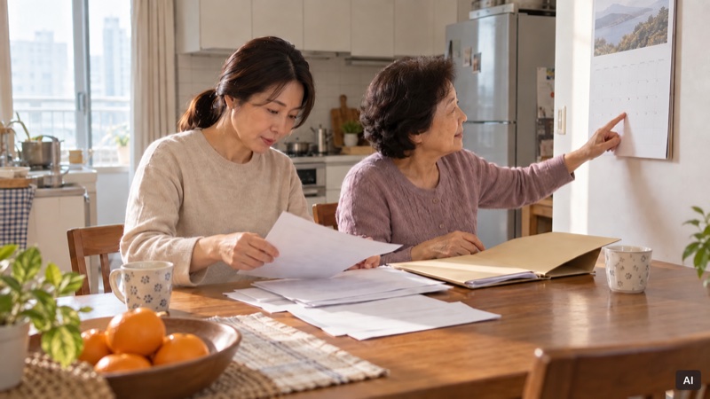 노령연금 금액 관련 AI 생성 생활 장면 사진: 가족이 가정에서 서류와 일정을 함께 정리하는 장면, AI 이미지